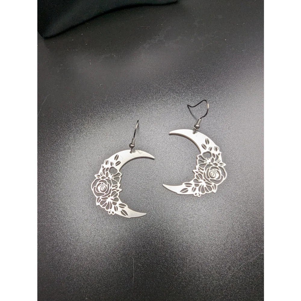 Floral Crescent Moon Earrings Celestial Stainless Steel Dangle